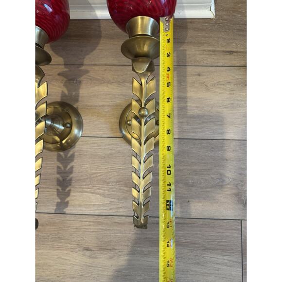 Bombay & Co Gold Leaf Wall Sconces Pair Red Glass Shades Interchangeable - Picture 12 of 14